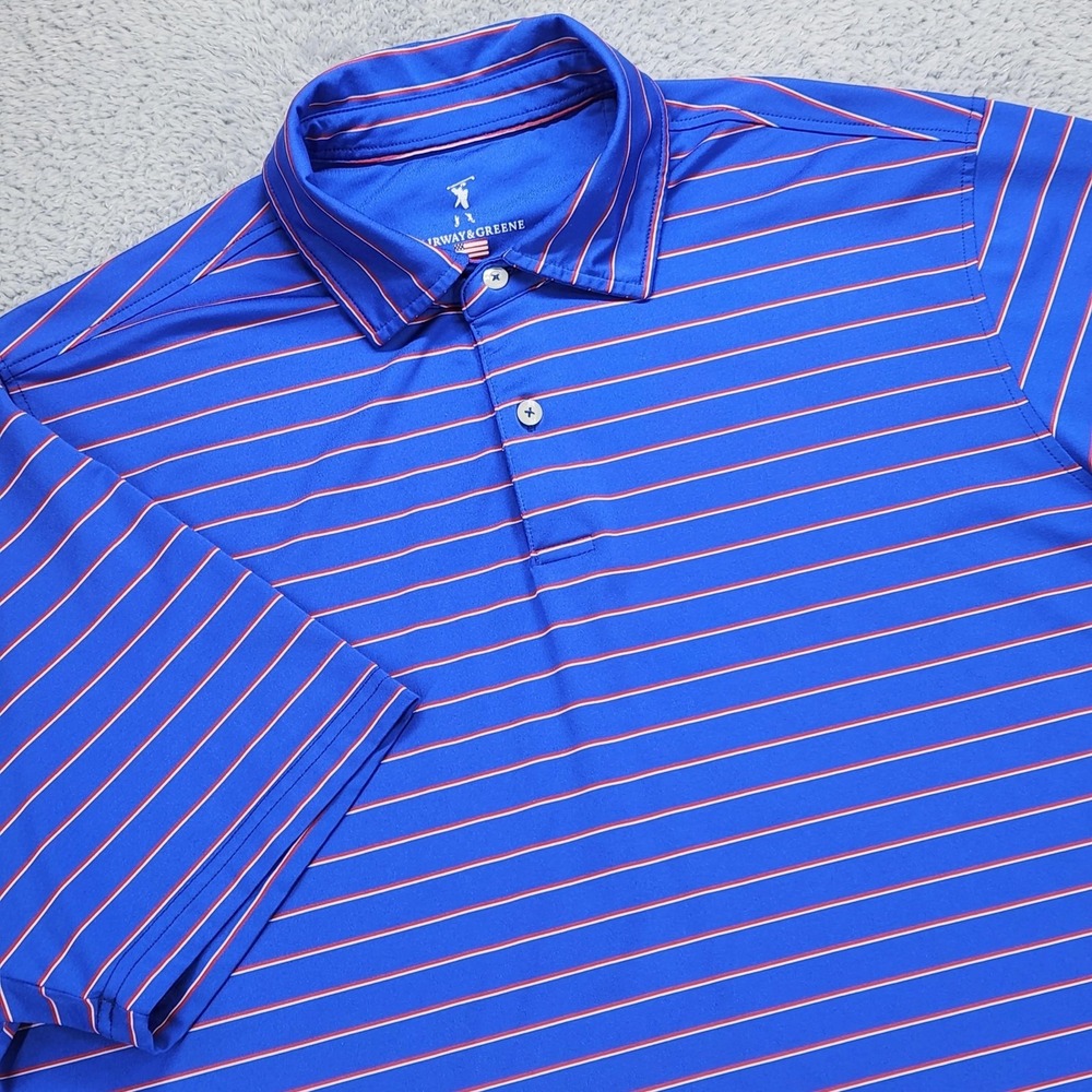Fairway & Greene Polo Shirt Mens Large Blue Striped USA Triangular Matches Golf